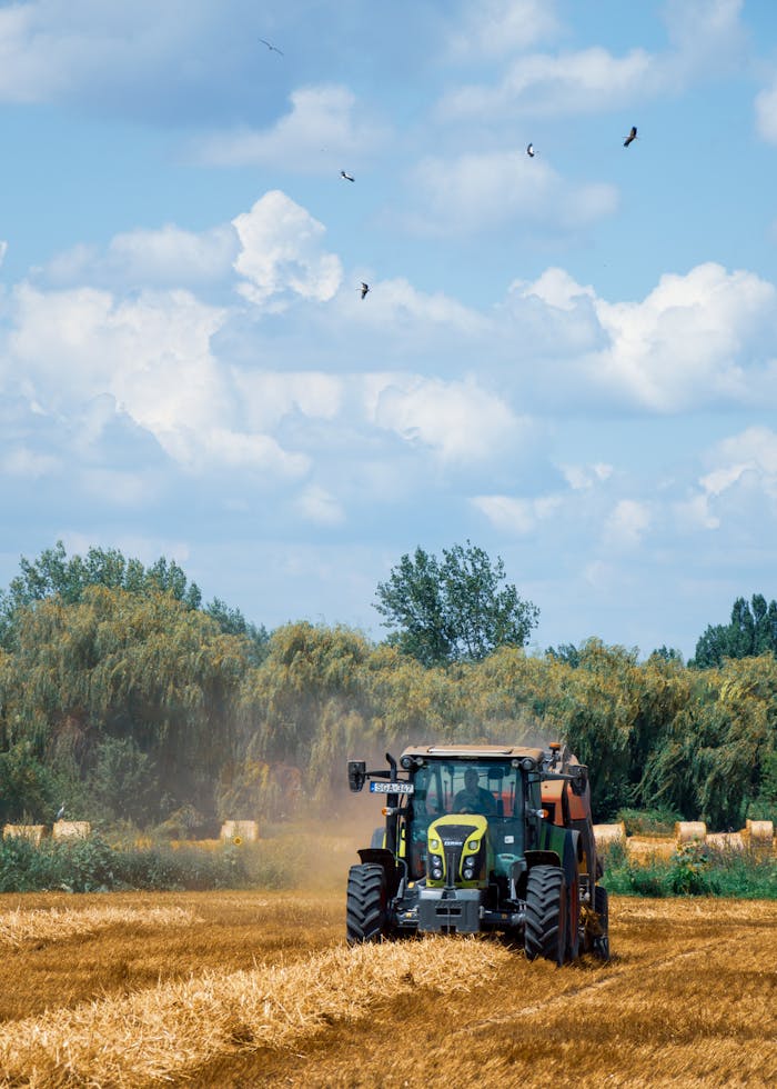 services-01 A vibrant farm scene shows a tractor working in a golden field under a bright sky.